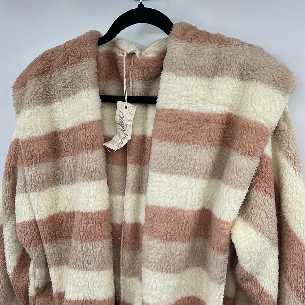 🆕Women’s Soft Fleece Cozy Cardigan Hoodie Cream Rose Mocha Striped W/Pockets - Picture 10 of 12